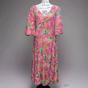 Easel Maxi Dress Size L Floral Pink V Neck‎ Balloon Sleeve Tropical Party Casual